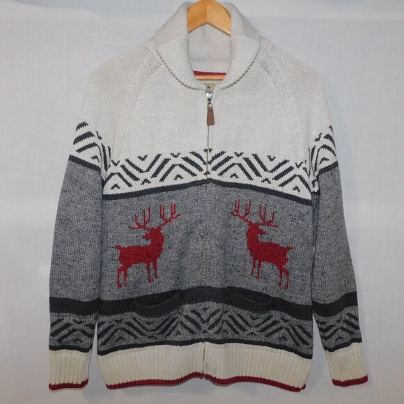 Wind River Womens L Gray Cream Red Deer Reindeer Full Zip Knit Cardigan Sweater - Picture 1 of 10